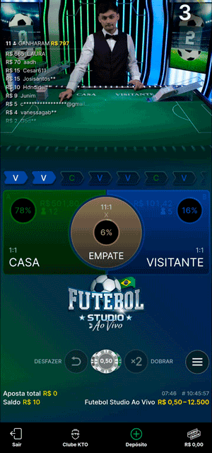 Interface do jogo Football Studio Live, com crupiê aguardando a rodada de apostas
