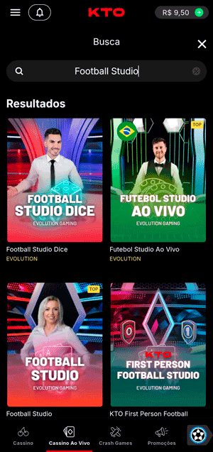 Interface de busca da KTO que exibe versões do Football Studio
