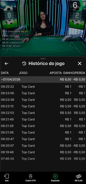Seção de histórico do jogo Football Studio, que exibe o resultado de 12 rodadas
