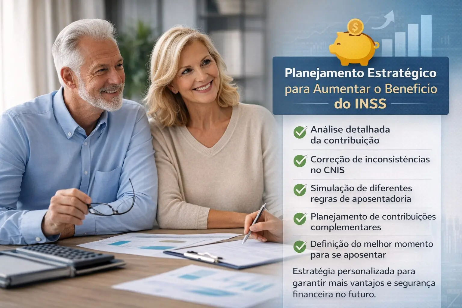 Planejamento previdenciário estratégico ajuda a identificar falhas no histórico contributivo, simular cenários e definir o melhor momento para se aposentar com mais segurança e melhor benefício no INSS.