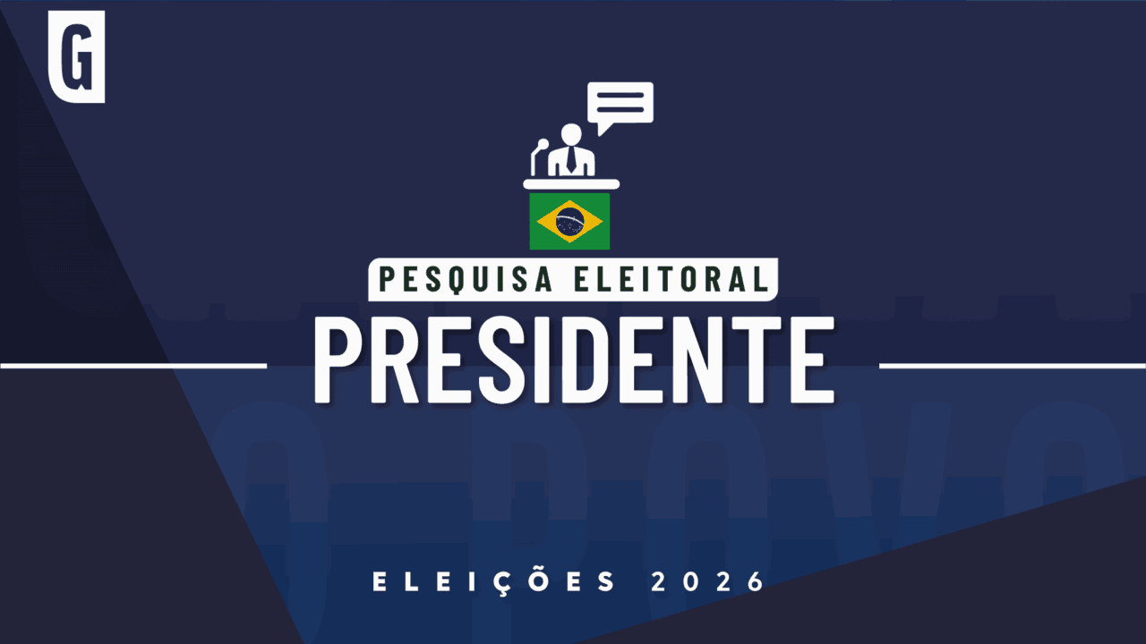 Ilustração feita pela Gazeta do Povo sobre pesquisa eleitoral nas Eleições 2026, com bandeira do Brasil e a palavra Presidente