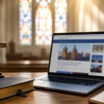 Computador, Bíblia e crucifixo representam a comunicação, a evangelização e a missão da Igreja Católica no ambiente digital. Imagem referente a matéria