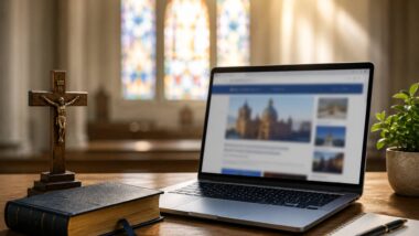 Notebook sobre uma mesa ao lado de uma Bíblia e de um crucifixo de madeira, com o interior de uma igreja desfocado ao fundo.