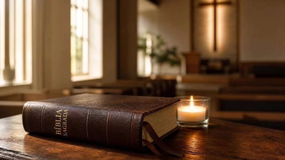 Bíblia Sagrada fechada sobre uma mesa de madeira, ao lado de uma vela acesa, com o interior de uma igreja e uma cruz desfocados ao fundo.
