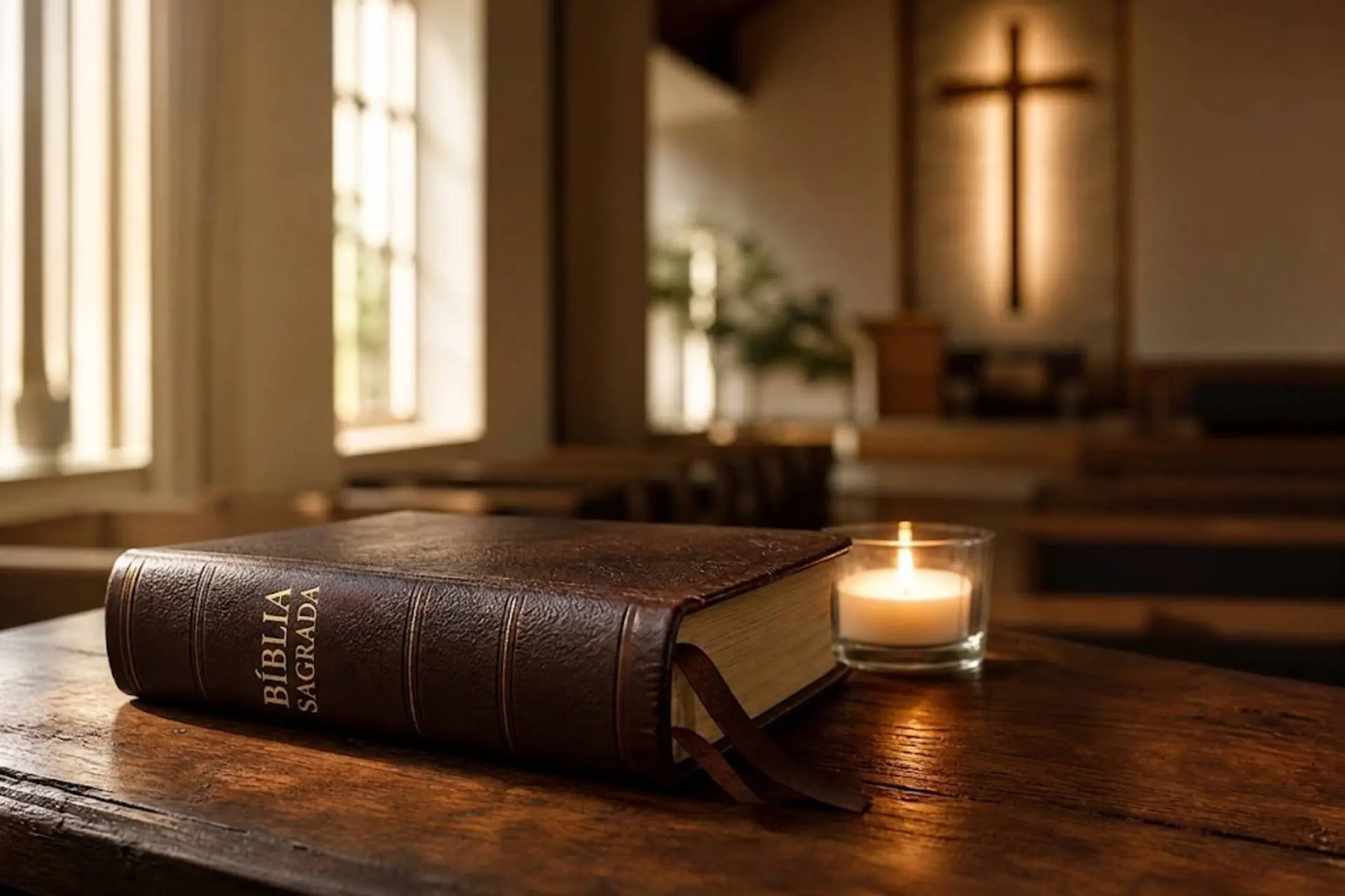 Bíblia Sagrada fechada sobre uma mesa de madeira, ao lado de uma vela acesa, com o interior de uma igreja e uma cruz desfocados ao fundo.