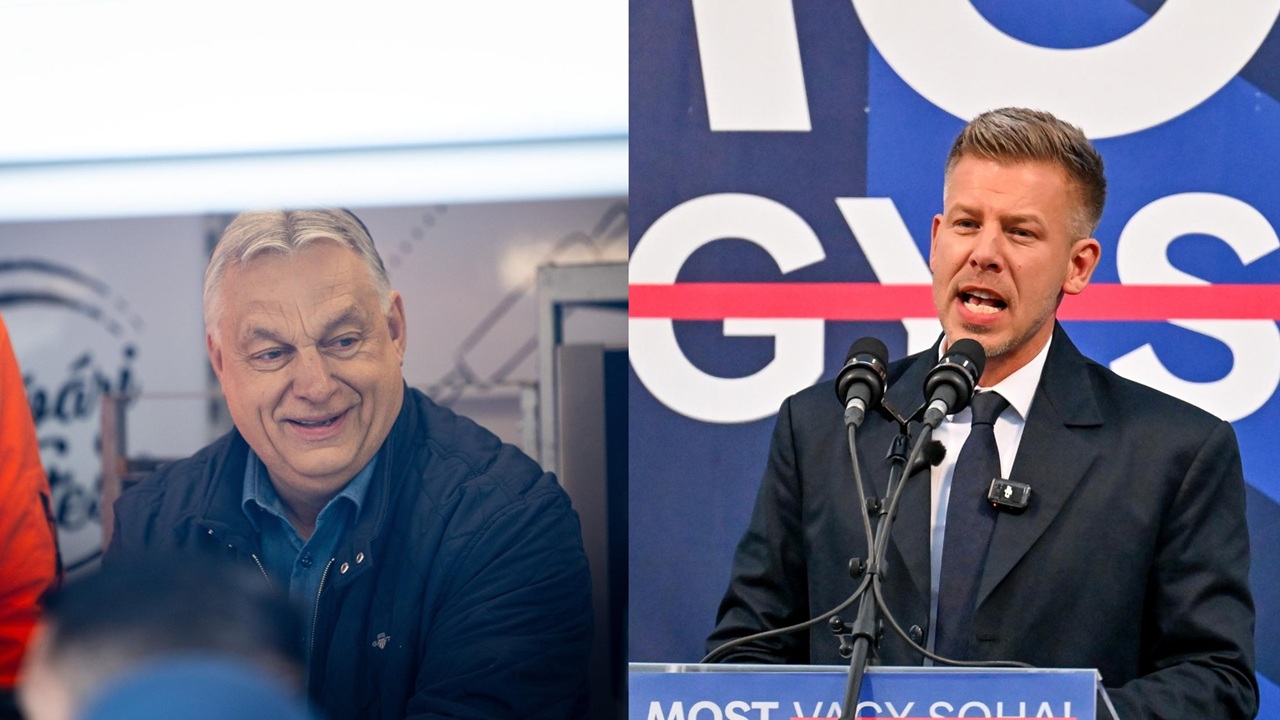 Viktor Orbán e Péter Magyar durante campanha eleitoral na Hungria nesta semana.