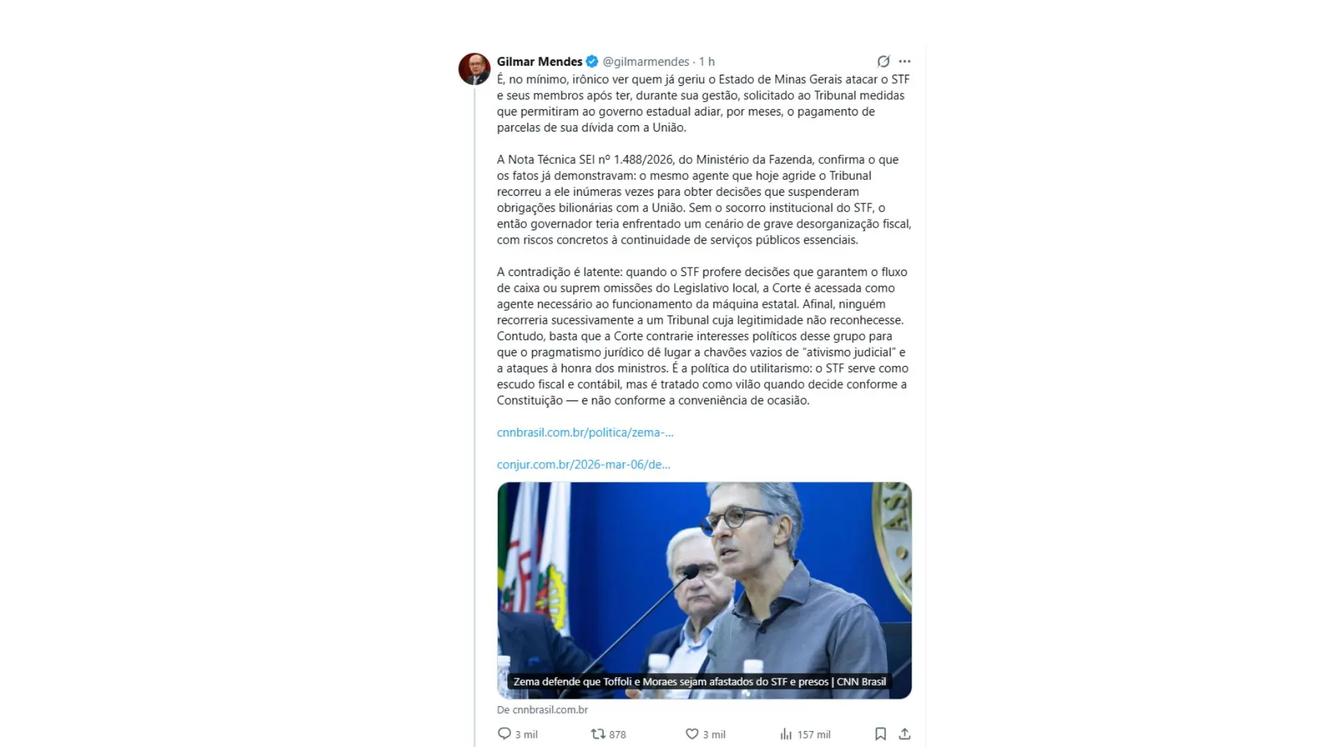 Ministro utilizou notícias e citou nota técnica da Fazenda para  acusar Zema de praticar "política do utilitarismo". 