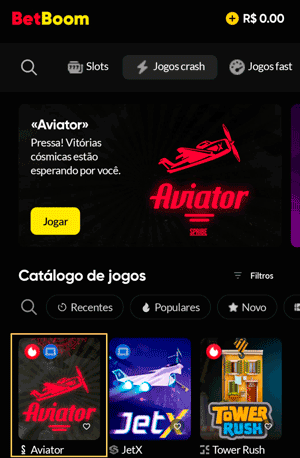 Interface do cassino da Betboom que possui o jogo Aviator em banner de destaque