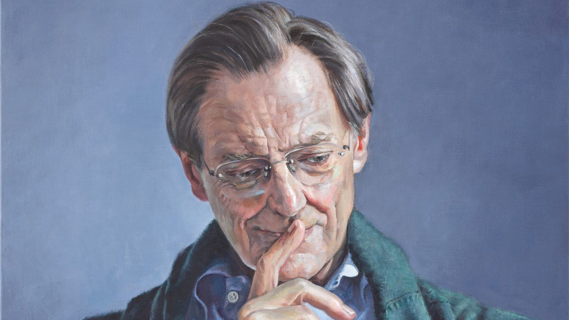 Detalhe de retrato de Quentin Skinner pintado por Peter Stone.
