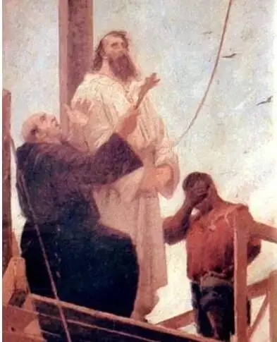 Pintura representando a execução de Tiradentes. Ele está no centro, enquanto outras duas pessoas estão ao seu lado.