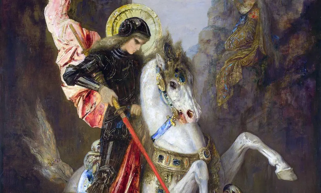 São Jorge em um cavalo branco, com uma espada do lado esquerdo.