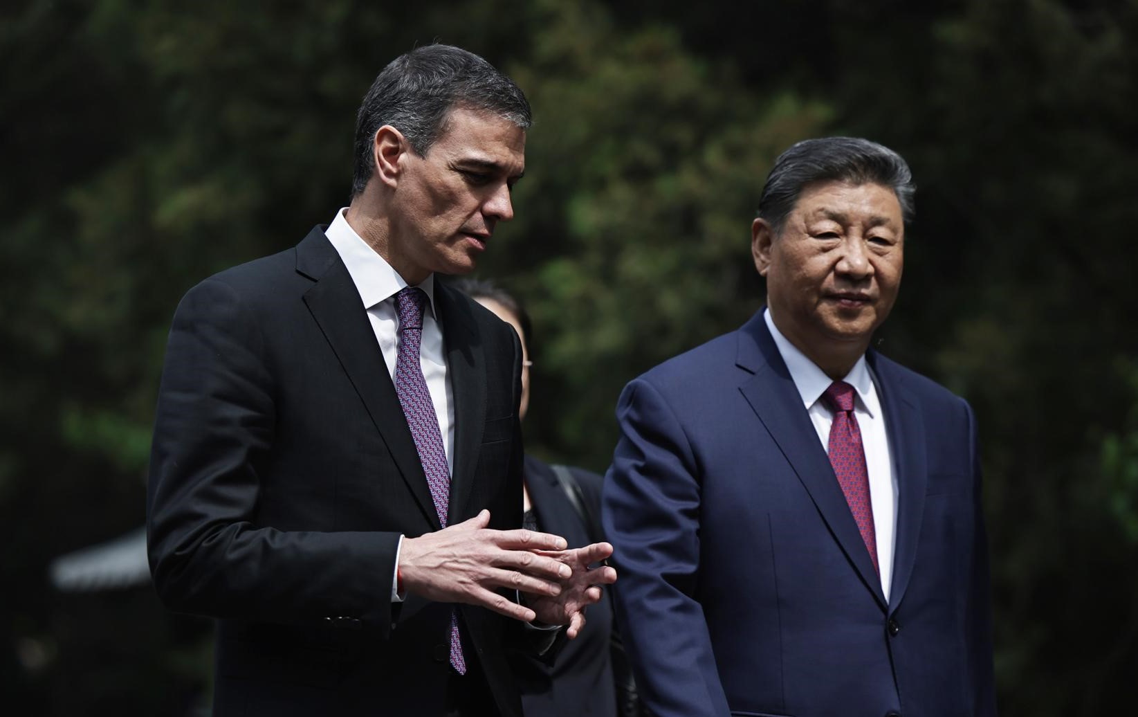 Premiê espanhol, Pedro Sánchez, conversa com o ditador chinês Xi Jinping, durante viagem à China