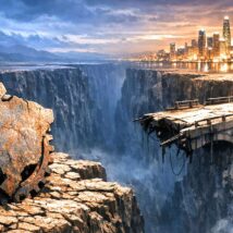 O abismo da mediocridade: por que a economia brasileira não decola Ilustração editorial de um abismo profundo separando um mapa do Brasil estagnado de uma metrópole global próspera ao fundo, simbolizando 40 anos de baixo crescimento econômico