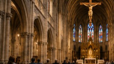 Uma foto em plano aberto e em perspectiva do interior de uma grande e antiga basílica católica. A nave central estende-se ao longe, definida por altos arcos de pedra e um teto abobadado. Um grande crucifixo de madeira está suspenso no alto, acima do altar-mor distante. Alguns fiéis estão sentados discretamente nos bancos de madeira ao longe. A luz natural difusa preenche o espaço.
