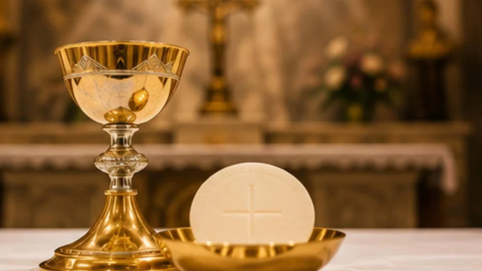 Fotografia em ângulo frontal de um altar de igreja de pedra. Ao centro, um cálice dourado ornamentado e uma patena prateada com uma única hóstia grande descansam sobre um pano de linho branco. Velas acesas flanqueiam os elementos, iluminando-os com uma luz quente. O fundo desfocado mostra a arquitetura de um presbitério gótico.