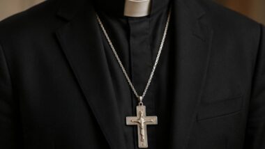 Foto de plano médio de um bispo católico maduro, vestindo um terno clerical preto e um colarinho romano branco. Uma cruz peitoral de prata detalhada está pendurada proeminentemente em seu peito por uma corrente. Ele olha para o lado com uma expressão serena. O fundo desfocado é um ambiente institucional com painéis de madeira e uma estante de livros, banhado por luz natural neutra.