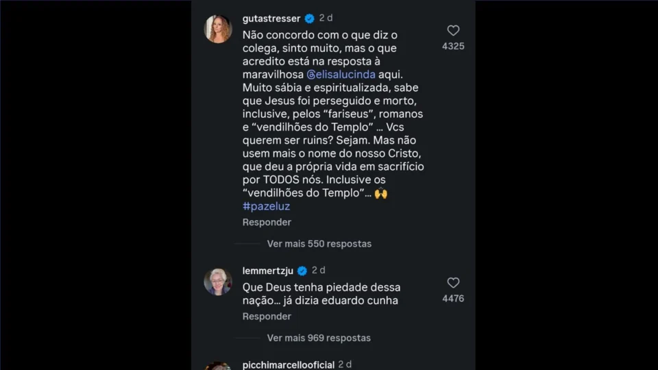Algumas críticas de artistas publicadas na área de comentários da postagem do ator Juliano Cazarré.