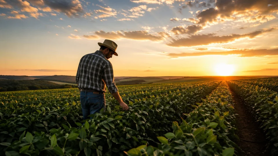 Produtor rural avalia sua lavoura ao entardecer: cenário que reflete um agronegócio resiliente, cada vez mais profissional e estratégico diante dos desafios financeiros.