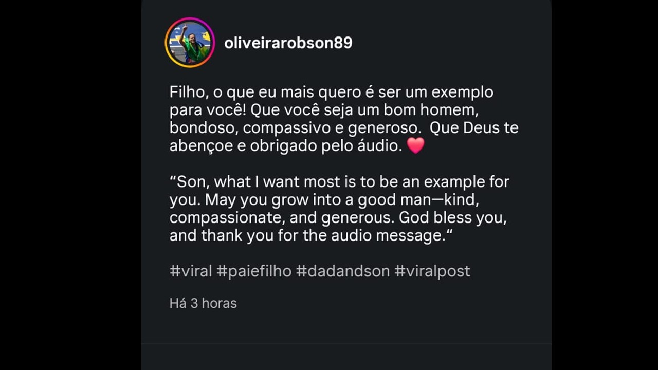 O brasileiro Robson afirmou em suas redes sociais que o reconhecimento mais importante veio do filho.