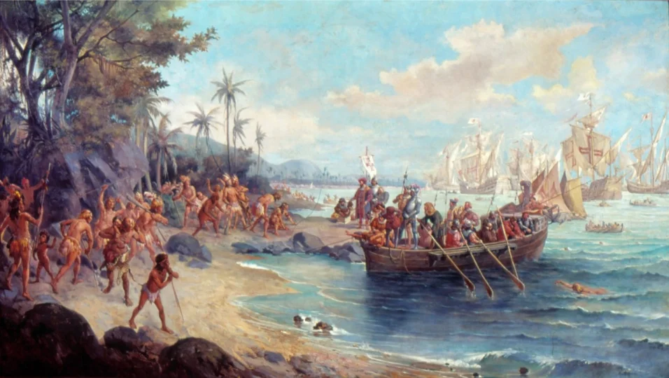 Desembarque de Pedro Álvares Cabral em Porto Seguro em 1500. Pintura de Oscar Pereira da Silva, pertencente ao Acervo do Museu Paulista da USP.