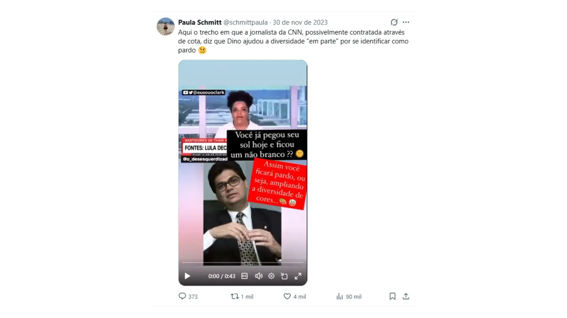 Schmitt ainda não havia direcionado seu posicionamento a Basília. A postagem, surgida após o pedido de desculpas da Jovem Pan a Dino, relacionou a opinião à ex-analista de política da CNN Brasil.