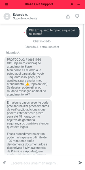 Chat ao vivo da Blaze com atendente respondendo uma pergunta