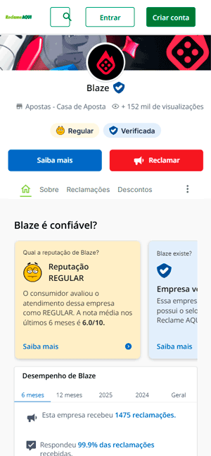 Captura de tela da Blaze no Reclame Aqui mostra a nota e o status atual da reputação.
