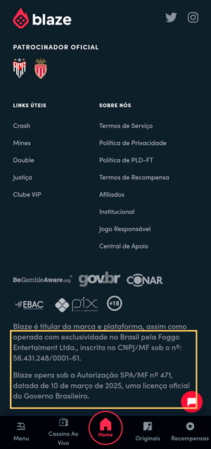 Rodapé da plataforma da Blaze que exibe os patrocínios, selos e a licença de operação da SPA/MF