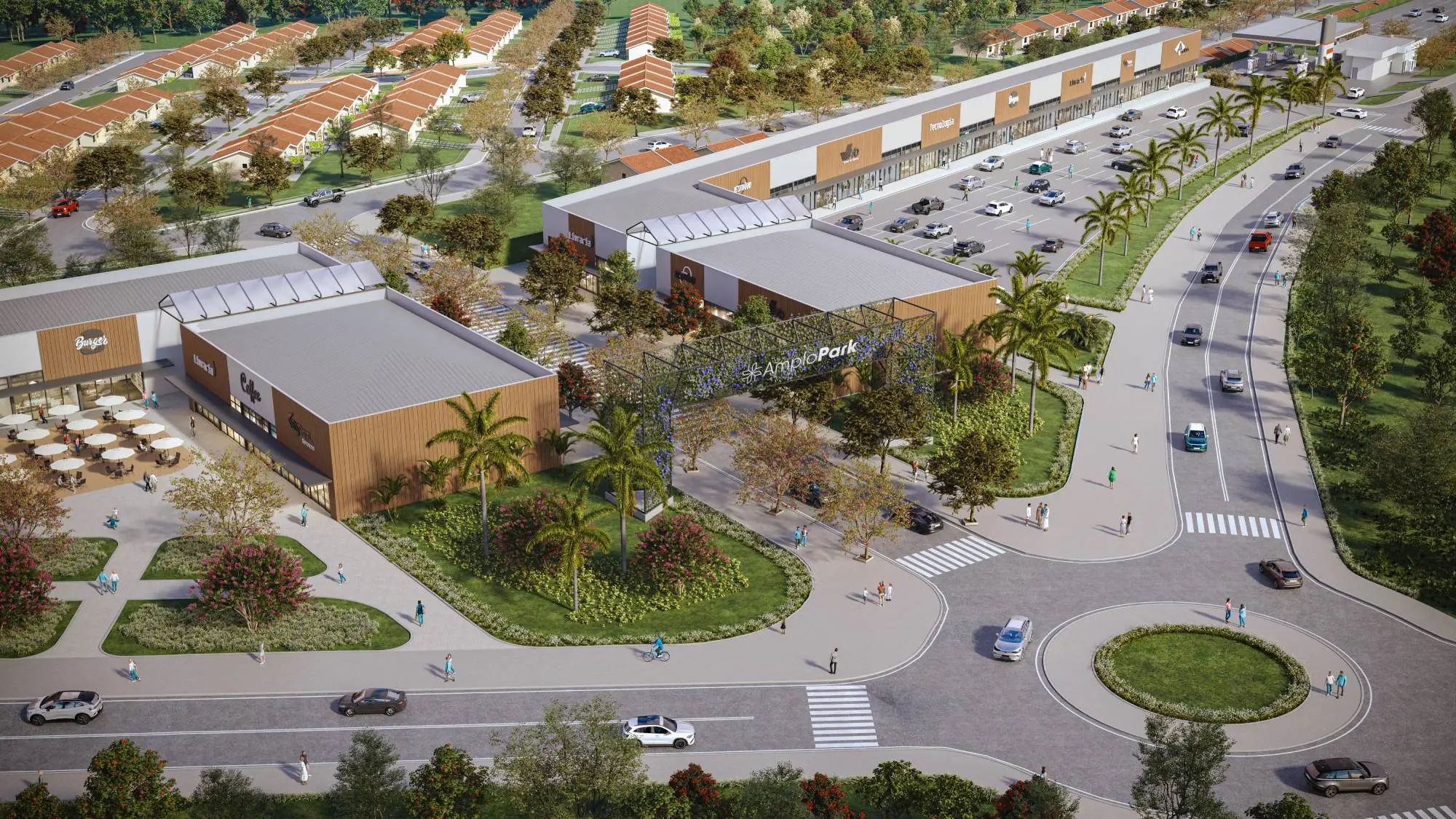 Vista aérea do Amplo Park mostra a integração entre áreas residenciais, centro comercial e sistema viário do novo empreendimento da Rottas em Ponta Grossa.