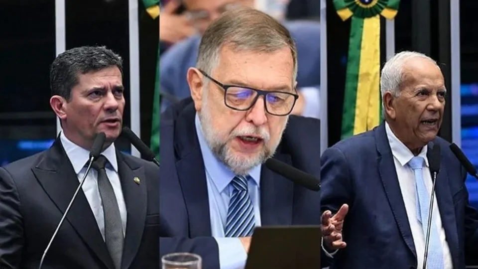Senadores Sergio Moro, Flávio Arns e Oriovisto Guimarães em montagem fotográfica no Senado Federal.