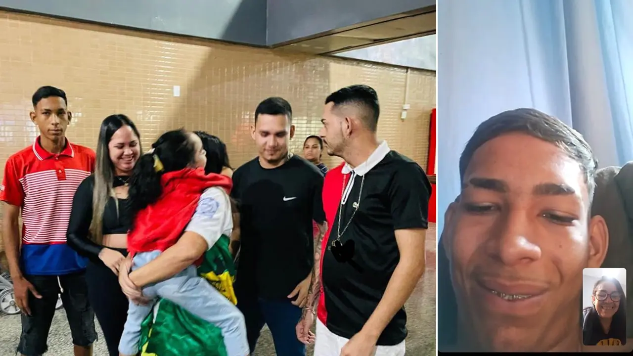 Na imagem, o reencontro de Fabíola com os filhos ao sair da prisão; e a última chamada de vídeo que fez com o filho Guilherme.