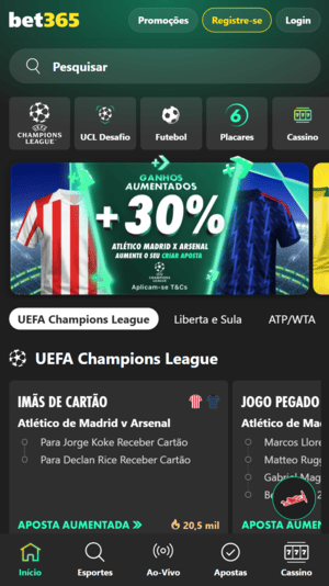 Odds aumentadas disponíveis na bet365
