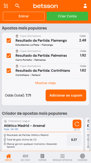 Exemplos de odds destacadas na página inicial da Betsson
