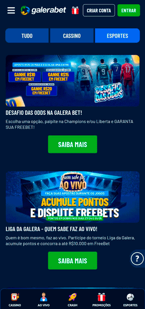 Página de promoções da Galerabet que exibe ofertas de apostas grátis ativas no momento