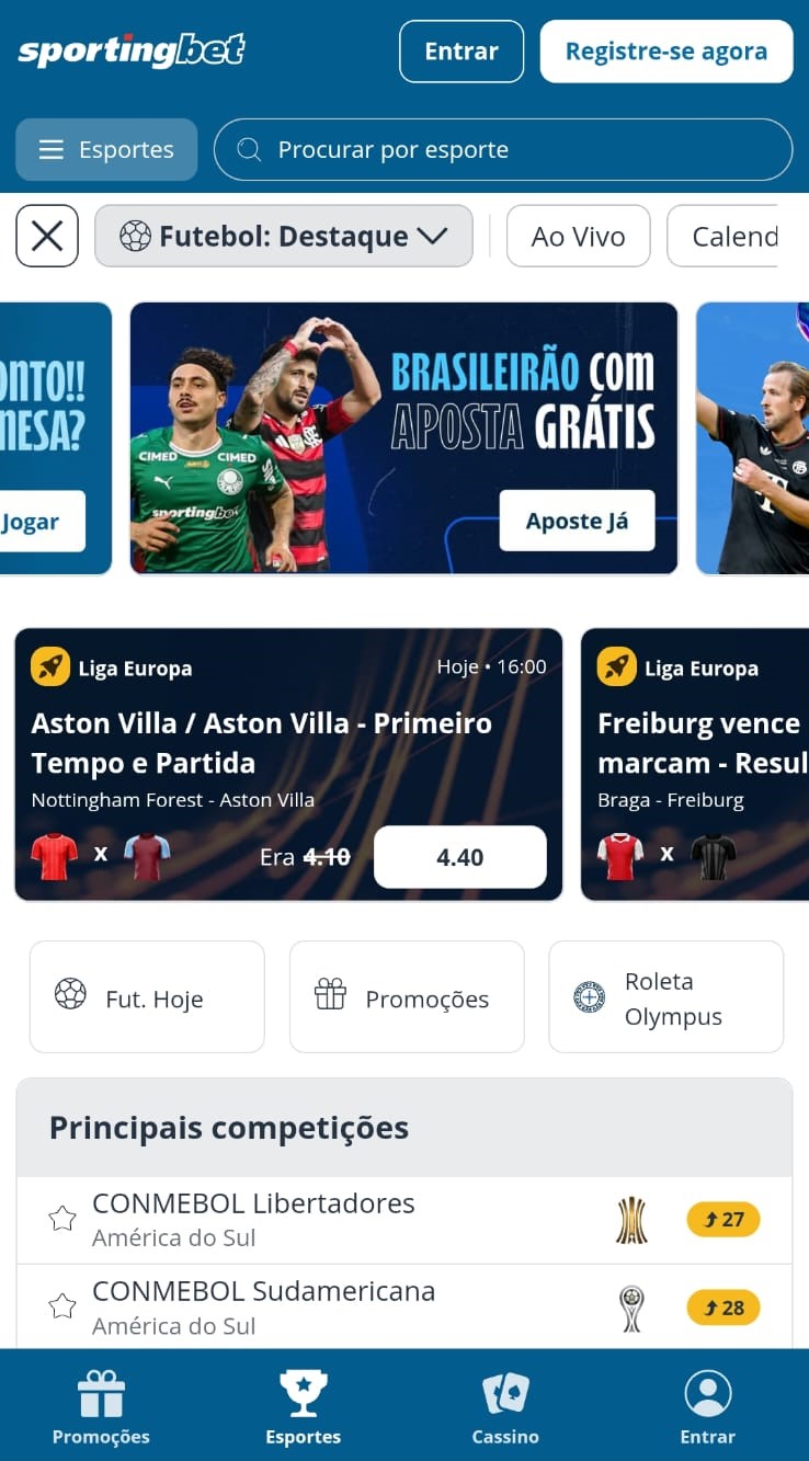 Captura de tela mostra interface de apostas esportivas da Sportingbet, com apostas grátis no brasileirão