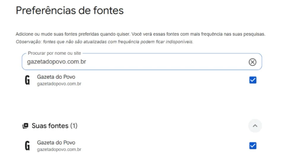 Passo 1 de como tornar a Gazeta do Povo sua fonte preferida no Google.
