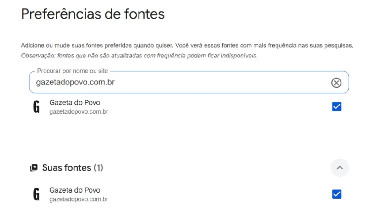 Passo 1 de como tornar a Gazeta do Povo sua fonte preferida no Google.