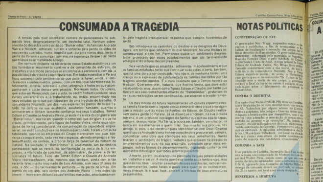 Morte de todos os ocupantes confirmada: Gazeta do Povo anunciava fim das buscas pelo avião que caiu com executivos do Bamerindus, "patrimônio paranaense"