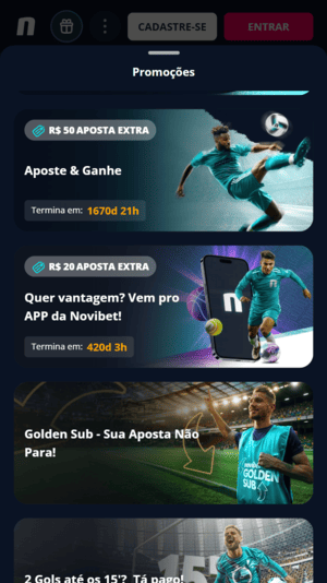 Tela de promoções disponíveis na Novibet