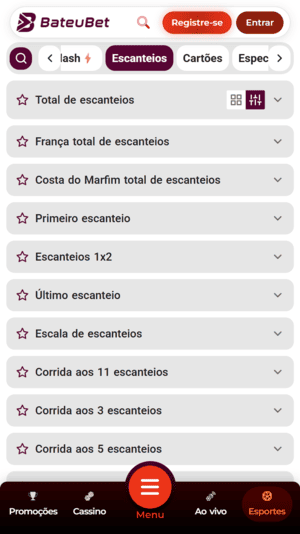 Bets em escanteios disponíveis na Bateubet