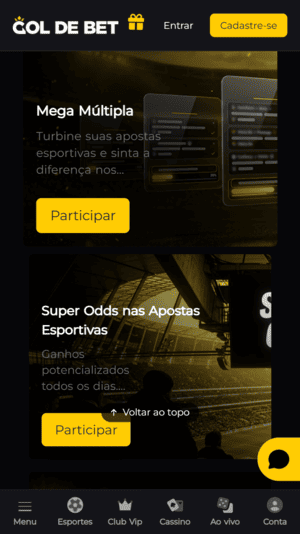 Captura de tela mostra ofertas para apostas múltiplas e super odds na GoldeBet