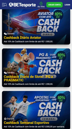 Ofertas legais de cashback disponíveis na BETesporte