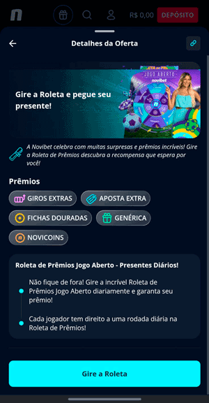 Captura de tela da oferta da roleta da Novibet que pode conceder uma aposta extra de R$ 5
