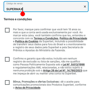 Campo de código promocional preenchido com SUPERMAX no formulário de cadastro da Superbet. 