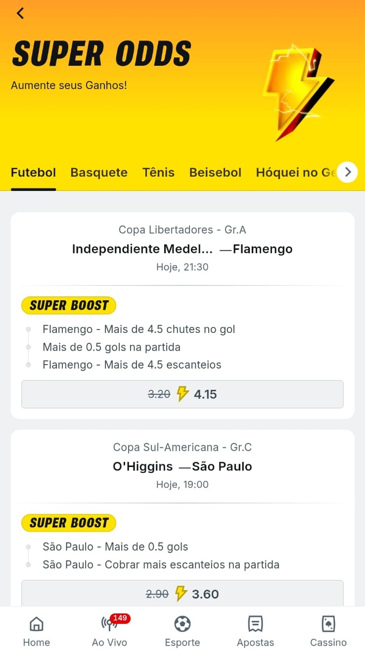 Captura de tela mostra Super Odds da Superbet no futebol