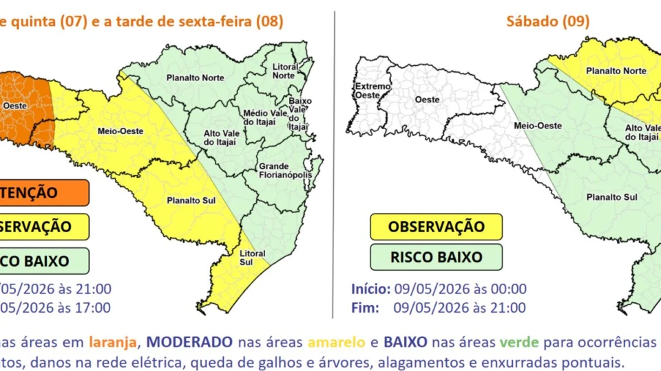 mapa de cidades de Santa Catarina com risco potencial de serem atingidas pelo ciclone bomba
