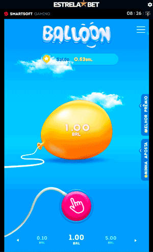 Interface do jogo crash Balloon, com opção de escolher a aposta e apertar o botão para iniciar a rodada
