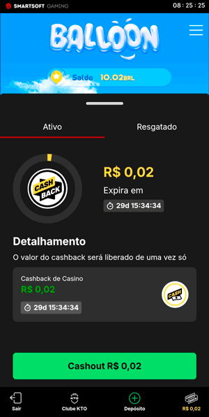 Interface do cashback compatível com o jogo Balloon no cassino da KTO
