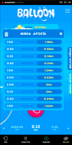 Histórico de pagamentos por apostas na interface do Balloon, que exibe prêmios e perdas em diferentes rodadas