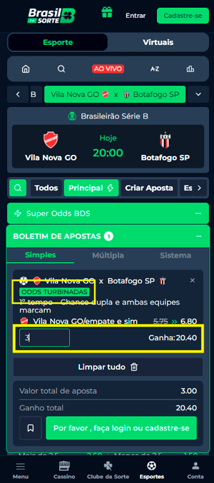 Boletim de apostas na BrasildaSorte onde, apostando apenas R$ 3, já é possível acessar a odds turbinadas